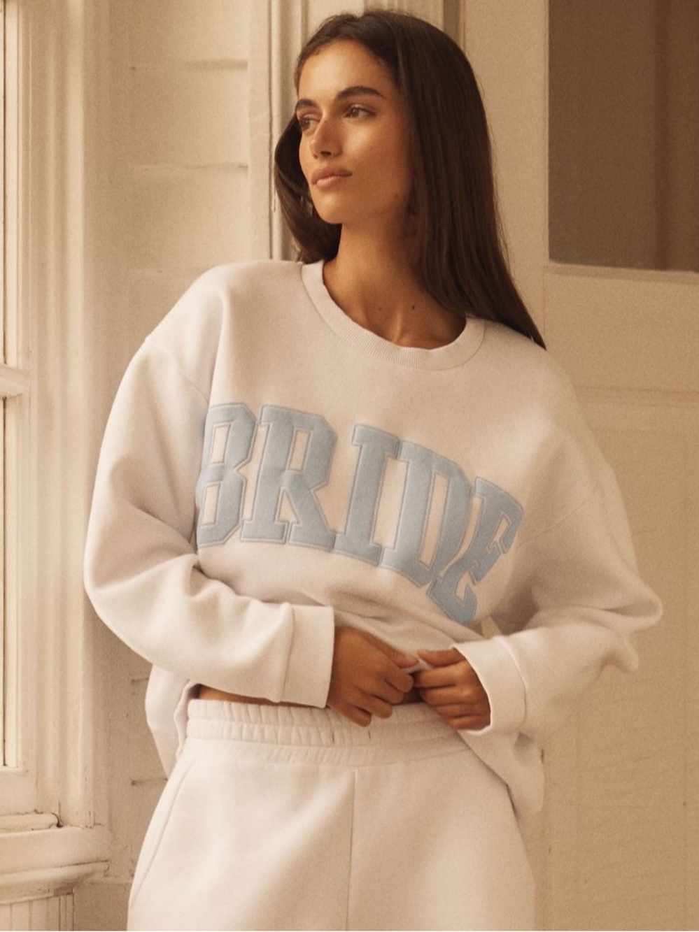 Anthropologie White Bride Crew Neck with Light Blue Logo
